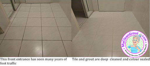 Professional stone and grout restoration before and after images.